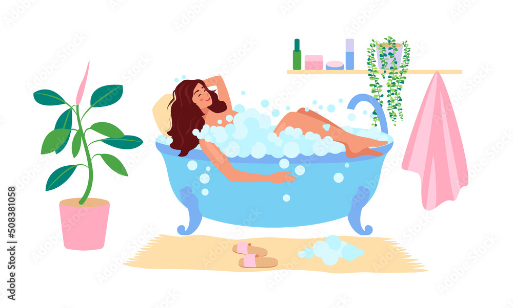 A Woman takes a bubble bath. A girl relaxing in an interior with plants