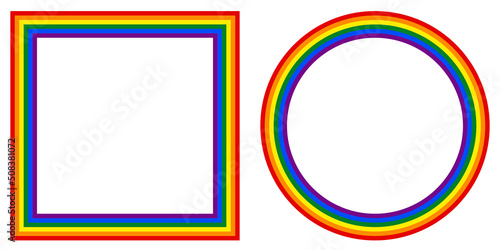 Flag LGBT icons, round and squared frames. Template border, vector illustration. Love wins. LGBT logo symbols in rainbow colors. Gay pride collection.