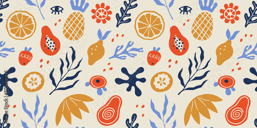 Seamless pattern with organic blobs, tropic fruits and leaves in matisse style. Background with trendy doodle abstract elements. Natural random matisse shapes. Vector illustration on white background,
