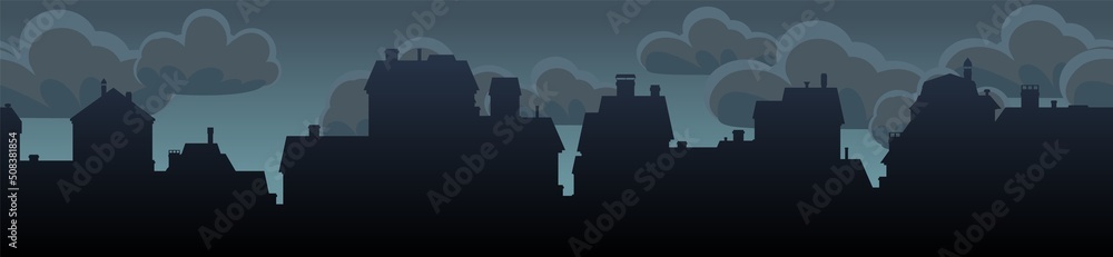Night street silhouette with cloudy weather. Small city houses residential quarters. Cityscape with buildings. Horizontal seamless composition. Housing Vector