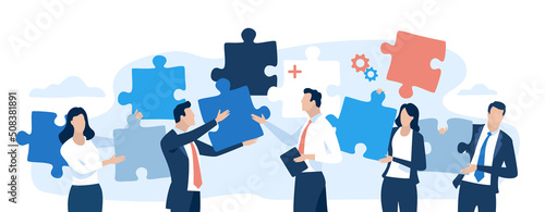 Solution. Workers holding puzzle pieces. Illustration symbolizes searching and finding solutions. Vector illustration.