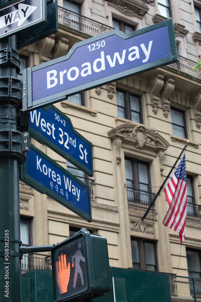 panneau de signalisation indiquant l'avenue de Broadway à New York, avec en arrière plan le drapeau américain et un building panneau de signalisation indiquant l'avenue de Broadway à New York, avec en arrière plan le drapeau américain et un building