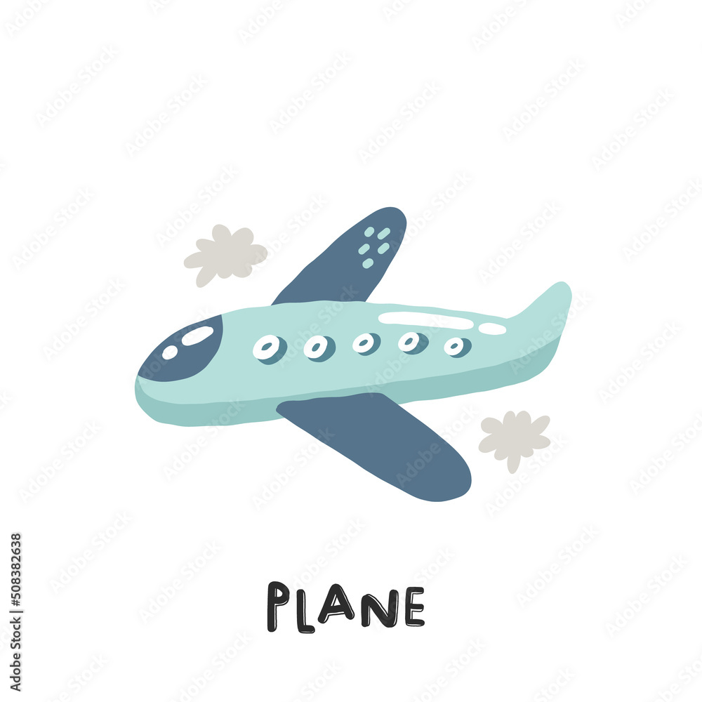 Plane. Hand drawn illustration in cartoon style. Transport toys. Cute concept for children's print. Illustration for the design postcard, textiles, apparel Plane. Hand drawn illustration in cartoon style. Transport toys. Cute concept for children's print. Illustration for the design postcard, textiles, apparel