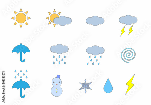 天気予報アイコン　イラスト　セット　主線あり