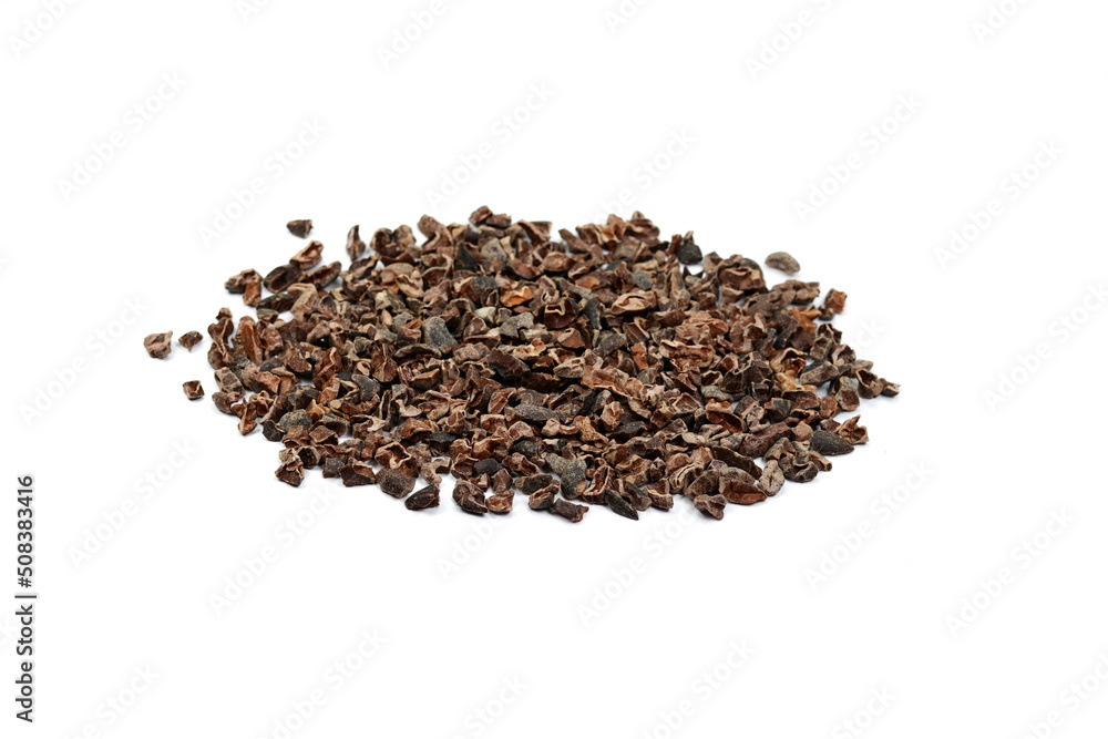 Cocoa nibs, a pieces of broken cocoa beans isolated, top view Cocoa nibs, a pieces of broken cocoa beans isolated, top view
