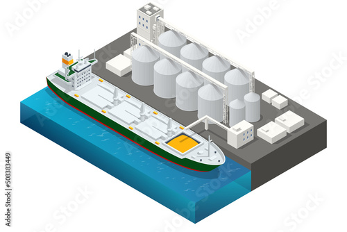 Isometric Grain terminal at seaport. Loading grain crops on bulk ship from large elevators. Transrportation of agricultural products. Dry cargo ships. Export wheat trade.