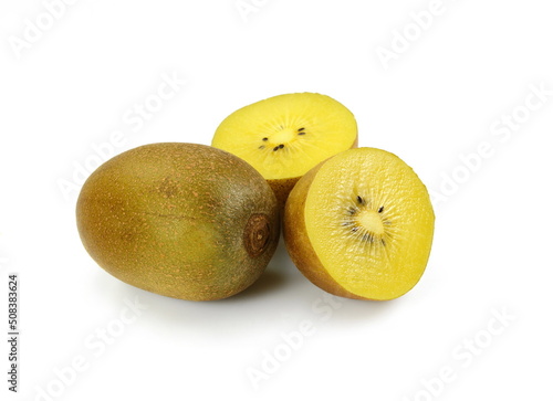 closeup peeled kiwi fruit on white background