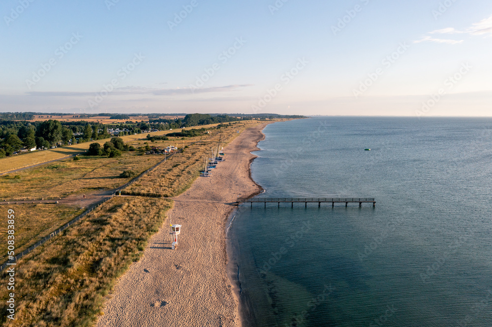 Dahme, Germany - July 31, 2021: Aerial drone view of Dahme Beach in Schleswig-Holstein.