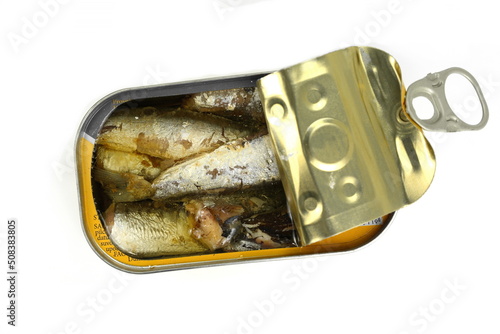 Sardines can preserve isolated on white background Top view. Natural Omega 3, Canned Fish on White Background