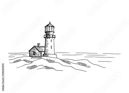 Seascape. Lighthouse. Hand drawn illustration converted to vector. Sea coast graphic landscape sketch illustration vector.