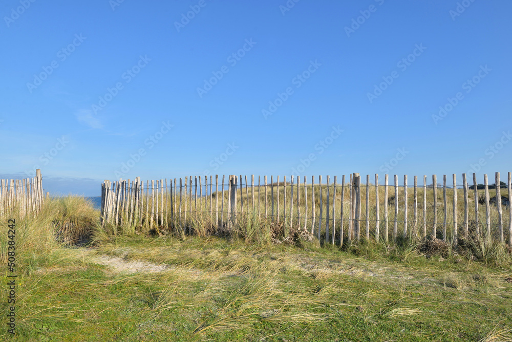  wooden littoral fence in the dune   in front of blue sea and sky in Brittany - France