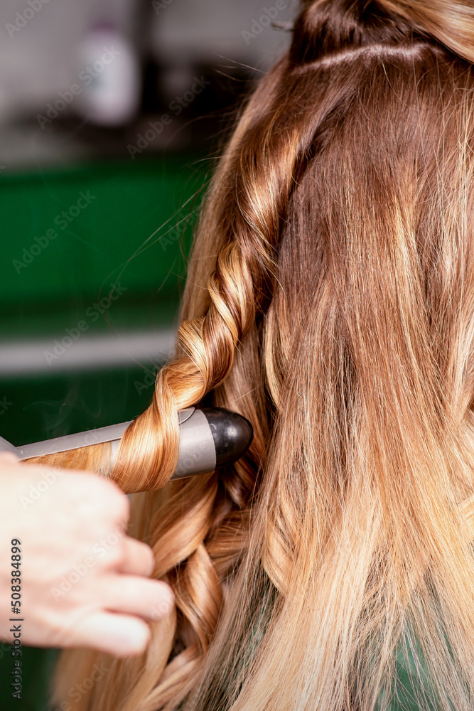 Fototapeta premium The female hairdresser is curling hair for a brown-haired young caucasian woman in a beauty salon