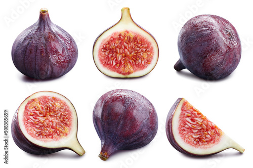 Collection fig isolated on white background. Taste fig with leaf. Full depth of field with clipping path photo