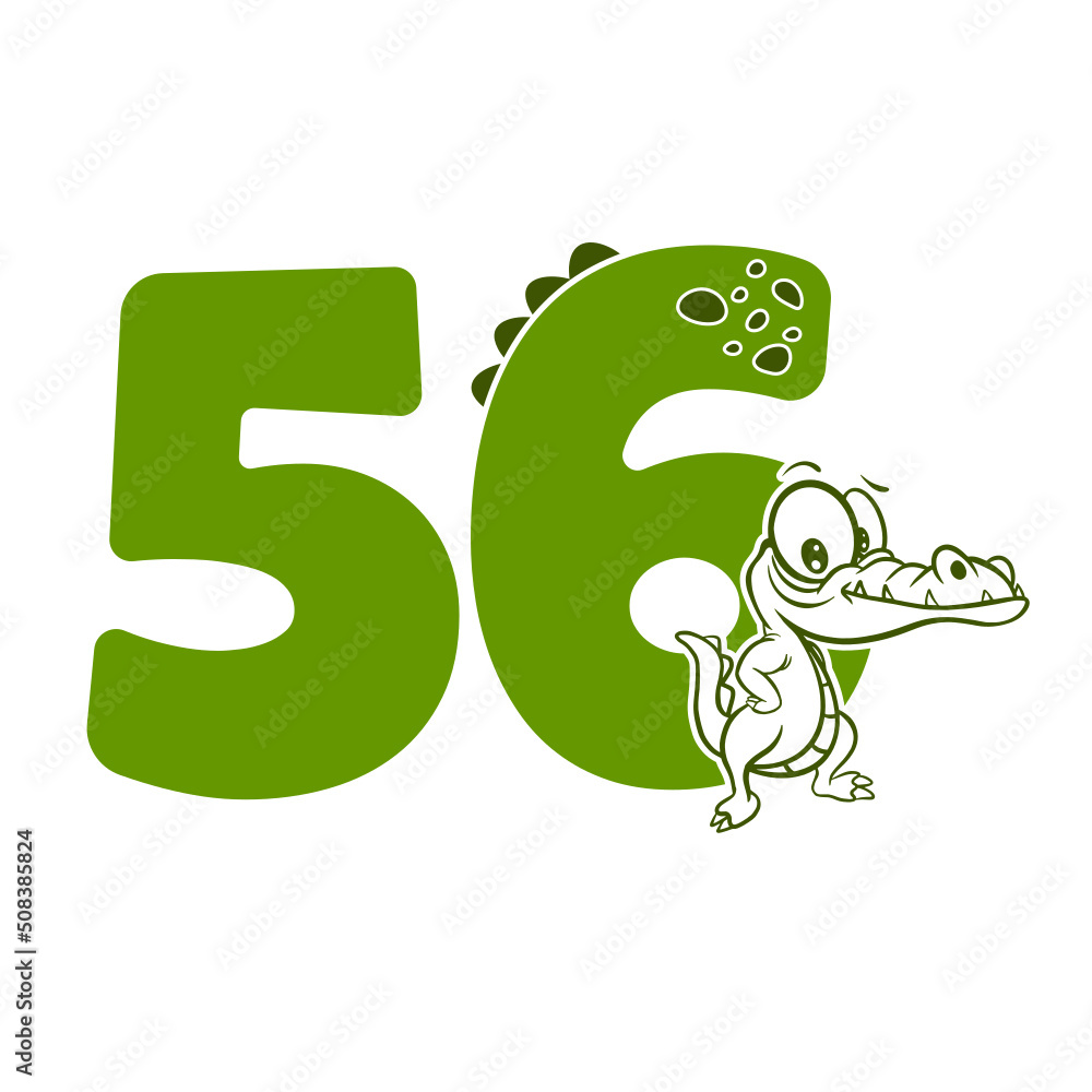 56, Number fifty six with crocodile cartoon character, Birthday Anniversary 56, Number fifty six with crocodile cartoon character, Birthday Anniversary
