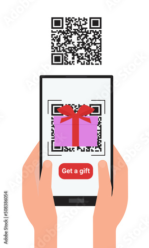 Getting information by scanning a QR code with a smartphone. Reflection of augmented reality on the screen. Vector