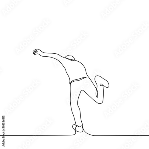 man stands on one leg he stumbled and balances or falls waving his arms - one line drawing vector. concept of fall, stumble, balance
