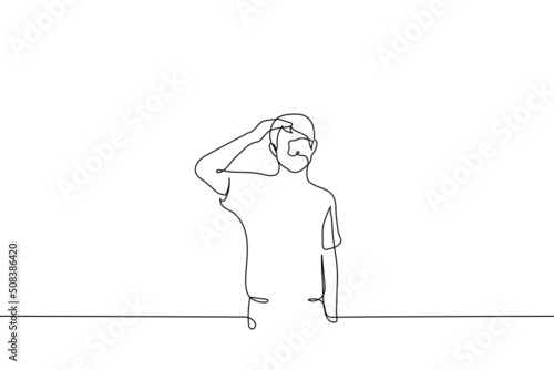 man stands looking into the distance hand over eyes - one line drawing. concept of forecasting, perspective review, anticipation, observation of the situation