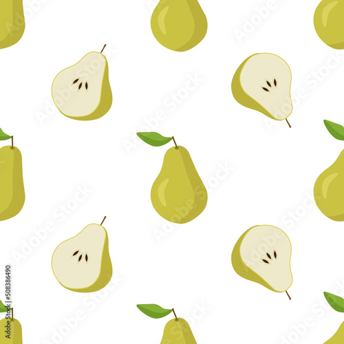 Seamless pattern with ripe pear fruit on a white background. Vector illustration for printing on clothing, textiles, paper, fabric, packaging.