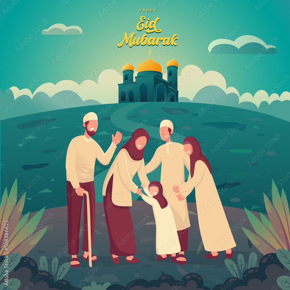 Happy eid mubarak greeting card. muslim family blessing Eid mubarak to