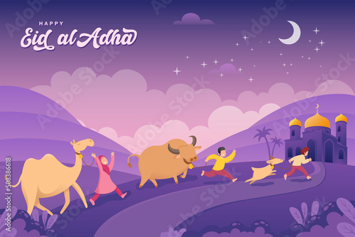 Eid al-Adha greeting card. Cartoon muslim kids bring a goat, cow and camel for qurban or sacrifice in eid al adha mubarak with crescent moon, stars and mosque as background photo