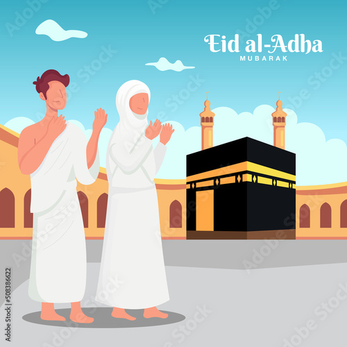 Happy Eid al-Adha mubarak with muslim people character and makkah concept. Hajj or umrah illustration design for banner, flyer dan poster