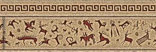 Ethnic border on the theme of rock paintings, vector design. Seamless pattern, banner.