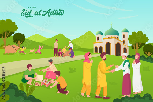Happy Eid al-Adha mubarak greeting card with variant activity of Muslim peoples celebrating Eid al-Adha