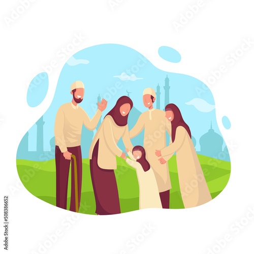 Happy eid mubarak greeting card. muslim family blessing Eid mubarak to grandparents isolated on white background