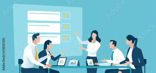 Project. Checklist. Female leader checks the fulfillment of tasks. Business vector illustration.