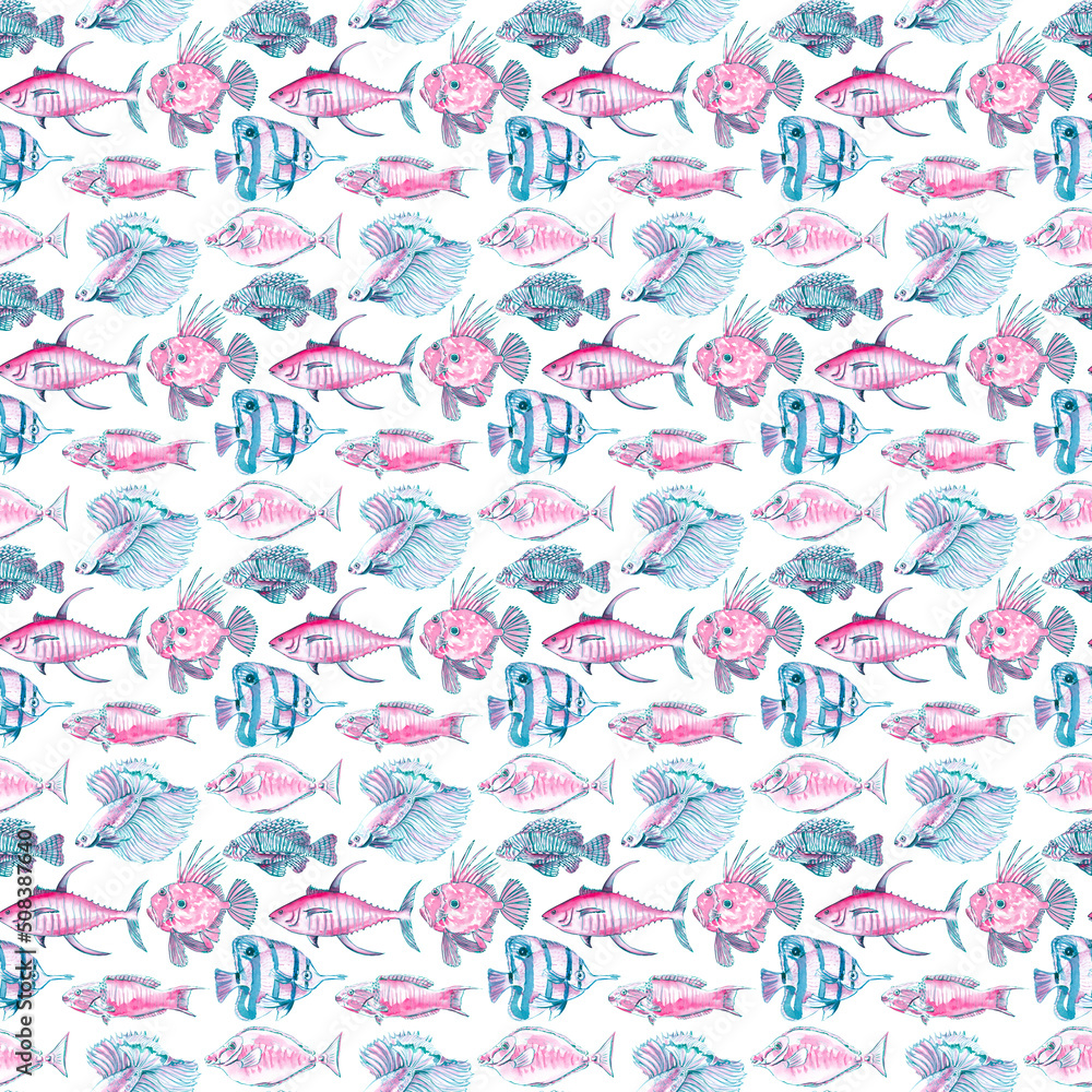 Sea life seamless pattern. Surface pattern design. Wallpaper, textile, fabric, paper design. Scrapbooking digital paper with ocean animals. Nautical, marine backdrop. Underwater wildlife background. Sea life seamless pattern. Surface pattern design. Wallpaper, textile, fabric, paper design. Scrapbooking digital paper with ocean animals. Nautical, marine backdrop. Underwater wildlife background.