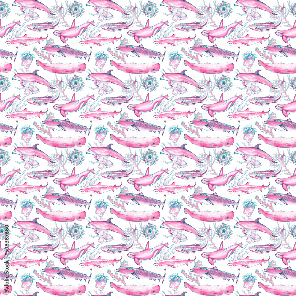Sea life seamless pattern. Surface pattern design. Wallpaper, textile, fabric, paper design. Scrapbooking digital paper with ocean animals. Nautical, marine backdrop. Underwater wildlife background. Sea life seamless pattern. Surface pattern design. Wallpaper, textile, fabric, paper design. Scrapbooking digital paper with ocean animals. Nautical, marine backdrop. Underwater wildlife background.