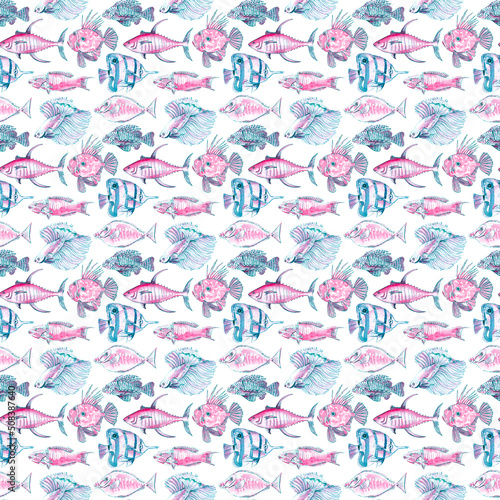 Sea life seamless pattern. Surface pattern design. Wallpaper, textile, fabric, paper design. Scrapbooking digital paper with ocean animals. Nautical, marine backdrop. Underwater wildlife background.