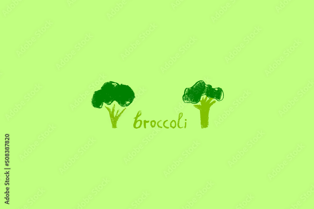 Color broccoli symbol for vegan restaurant logo, vegetarian label, organic food packaging design, banner of farmers market. Hand drawn vegetable icon. Green cabbage flowering illustration isolated.