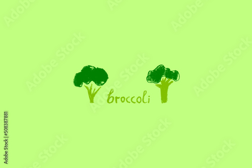 Color broccoli symbol for vegan restaurant logo, vegetarian label, organic food packaging design, banner of farmers market. Hand drawn vegetable icon. Green cabbage flowering illustration isolated. © Design Couple