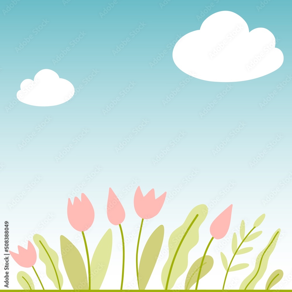 Tulip flowers and leaves are growing under the clouds. Nice weather and blue skies. Illustration for card or background. Tulip flowers and leaves are growing under the clouds. Nice weather and blue skies. Illustration for card or background.
