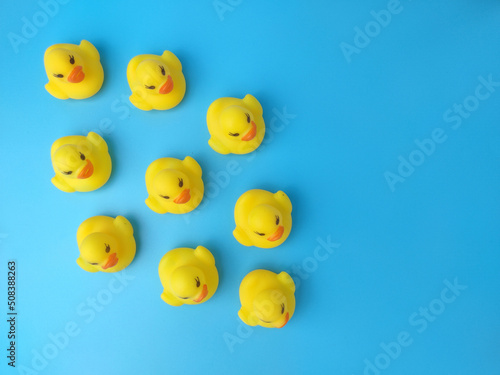Group of toy ducks. Leadder and teamwork concept