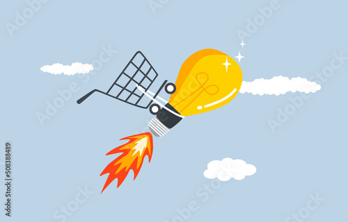 Creative idea to boost sales, marketing plan to 
reach more customers and increase profit concept. Shopping cart tied to bright idea light bulb rocket soaring high in sky.