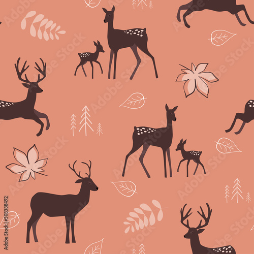 Seamless pattern with a summer forest print. An adult deer  a fawn among flowers  leaves  berries. Vector graphics.