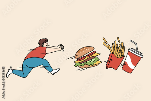 Fat guy running after fast food suffer from obesity and bad habits. Hungry overweight man pursue fries and hamburger, enjoy eating junk food. Diet and healthy lifestyle. Vector illustration. 