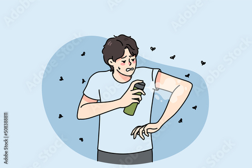 Anxious young man apply anti-mosquito spray on body struggle from bites on summer day. Guy use insect repellent keep mosquitos away. Flat vector illustration. 