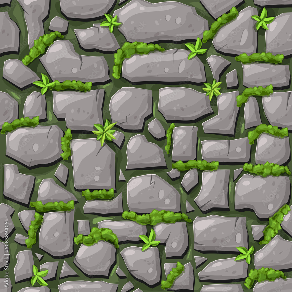 gray stones covered with moss seamless pattern. endless background of brick wall, rocks or cobblestones with grass. mossy masonry wall or floor in cave, dungeon. cartoon illustration for game design gray stones covered with moss seamless pattern. endless background of brick wall, rocks or cobblestones with grass. mossy masonry wall or floor in cave, dungeon. cartoon illustration for game design