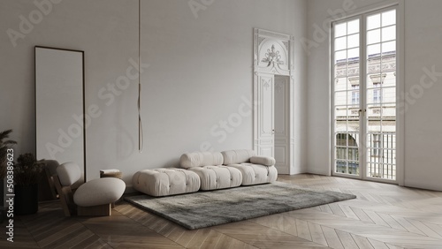 Fototapeta Naklejka Na Ścianę i Meble -  White room in classical style mockup 3d render with large decorated door, classic window, sofa, chair and wooden floor