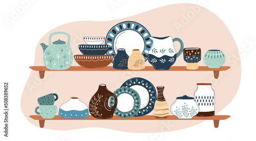 Ceramic cooking crockery. Decorative handmade kitchen utensils or tableware such as plates, cups, dishes. Cookware for food preparing, serving and decoration design hand drawn vector illustration