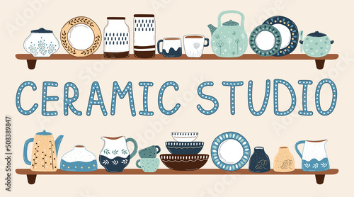 Handmade kitchenware for decoration design ceramic studio. Cooking background. Kitchen utensils set. Tableware hand drawn vector illustration