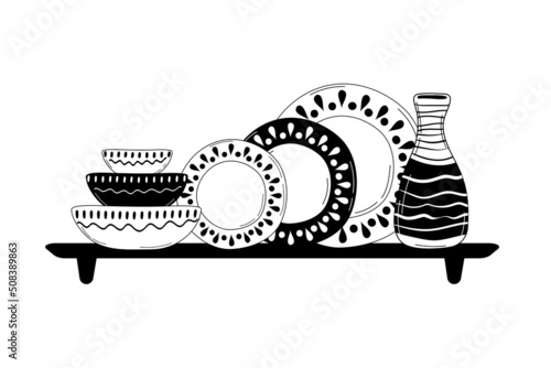 Ceramic cooking crockery. Decorative handmade kitchen utensils or tableware such as plates, cups, dishes. Cookware for food preparing, serving and decoration design hand drawn vector illustration
