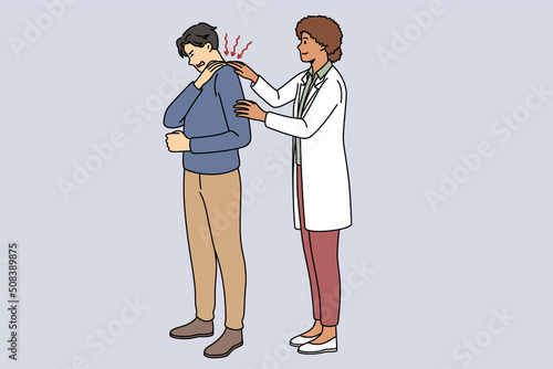 Physiotherapist help male patient with backache, suffering from spasm. Female doctor massage man shoulder or neck muscles, relieve tension in back. Healthcare. Vector illustration. 