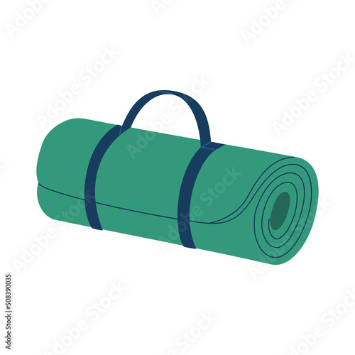 Green yoga mat for home or gym workout. Sport equipment for aerobics and pilates. Hand drawn vector illustration isolated on white background. Flat cartoon style.