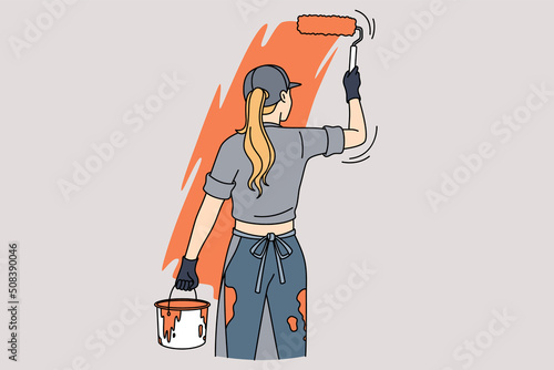 Woman painting wall with roller. Female worker or employee renovate room by herself. Renovation and interior design concept. Vector illustration. 