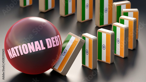 India and national debt  causing a national problem and a falling economy. National debt as a driving force in the possible decline of India. 3d illustration