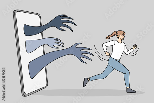 Scared woman run away from hands coming from mobile phone. Anxious girl flee from internet bullying and harassment on social media. Web abuse concept. Vector illustration. 